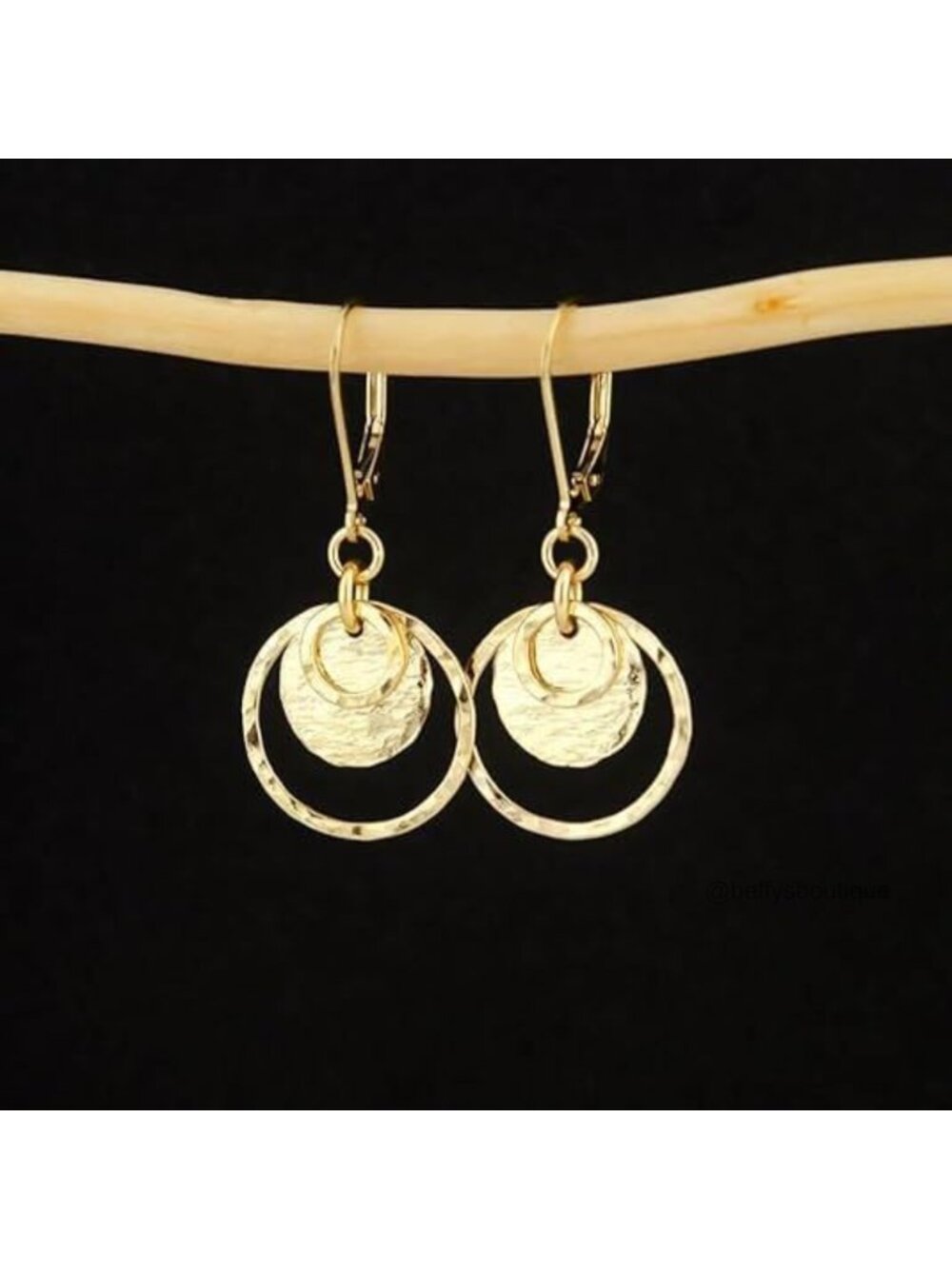 Hand-Hammered Gold Disc Dangle Earrings, Hypoallergenic Leverback - Picture 5 of 5